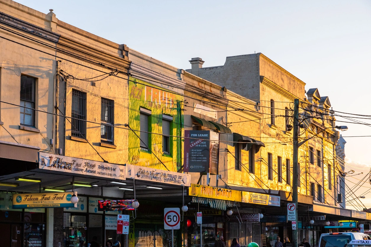 Sydney, Australia - 27 oct 2018: Warm sunlight illuminating shops and houses of the trendy Newtown area